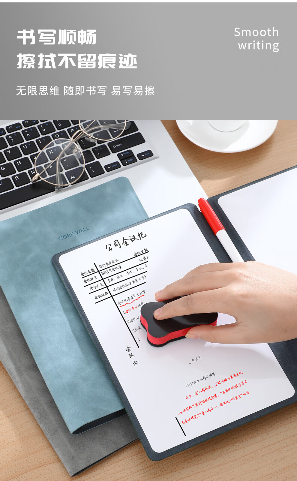 Longe Portable Erasable Whiteboard Notebook, A5 Desktop Memo Pad, Draft Paper, Message Board, Writing Pad, Customizable, Blue 3