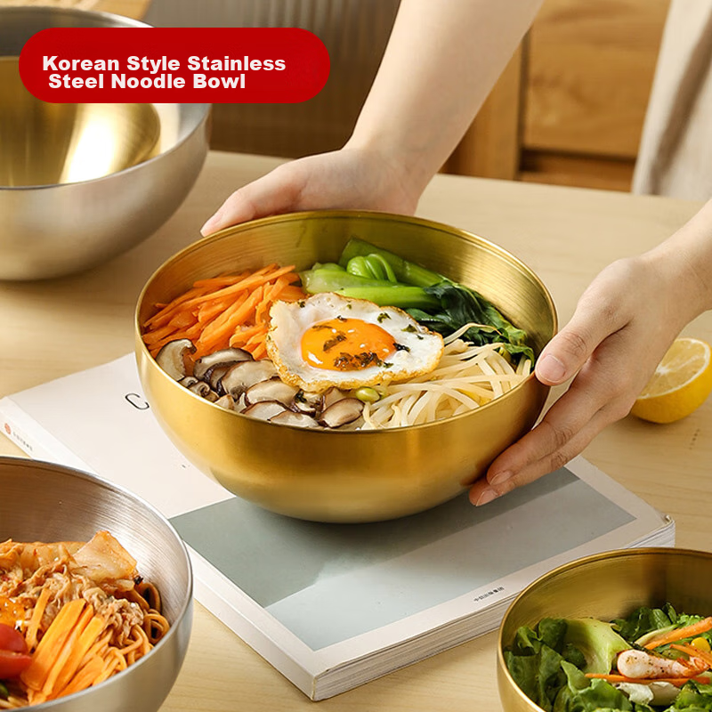 Quanshi Korean Stainless Steel Cold Noodle Bowl, 20cm Large Soup Bowl, Ramen Bowl, Korean Bibimbap Serving Bowl, Salad Bowl, Gold Color