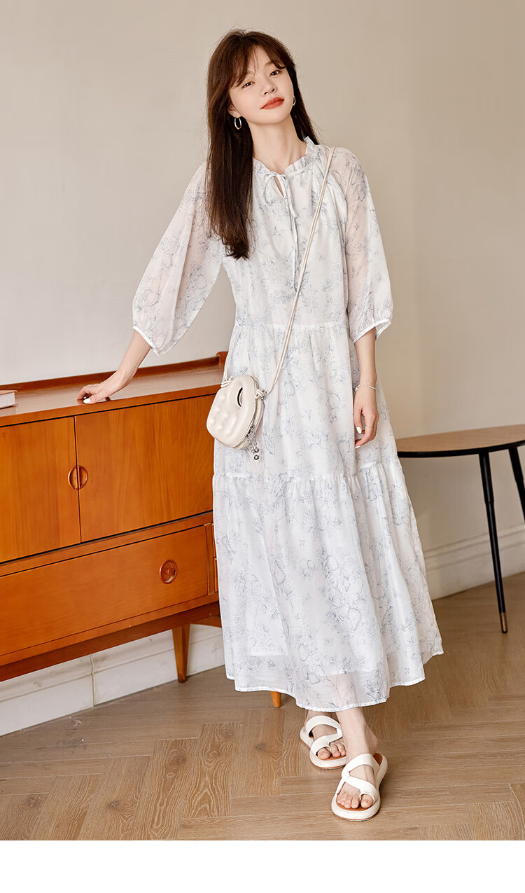 Dme Floral Print Pleated Dress Summer Fresh Three-Quarter Sleeve Long Dress, Floral Print, Size L 15