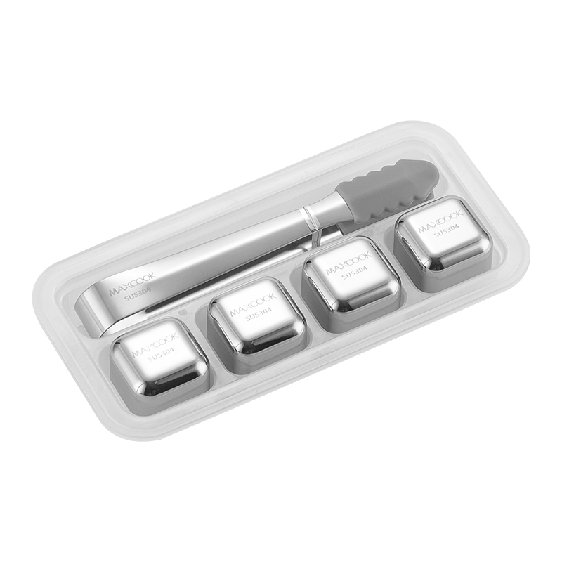 MAXCOOK 304 Stainless Steel Ice Cube Tray, Ice Maker Mold, 4 Cubes + Silicone Ice Tongs + PP Box MCPJ0995