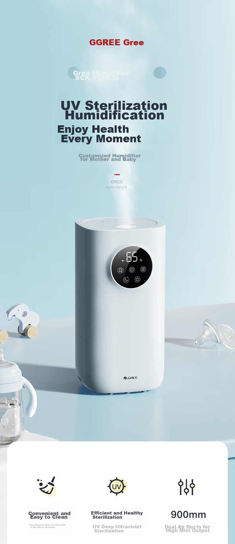 GREE Humidifier for Home Bedroom, Baby And Pregnant Women, Quiet Antibacterial Detachable Air Humidifier, Desktop Bedside Floor-Standing Office Living Room Large Mist Aromatherapy Practical Gift 50x62a 1