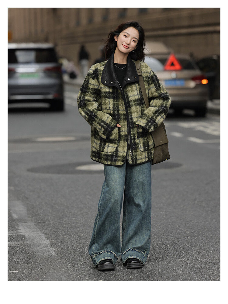 Dme [Vintage Elegant Top] Eye-Catching Plaid Green Relaxed Faux Shearling Jacket for Wome 8