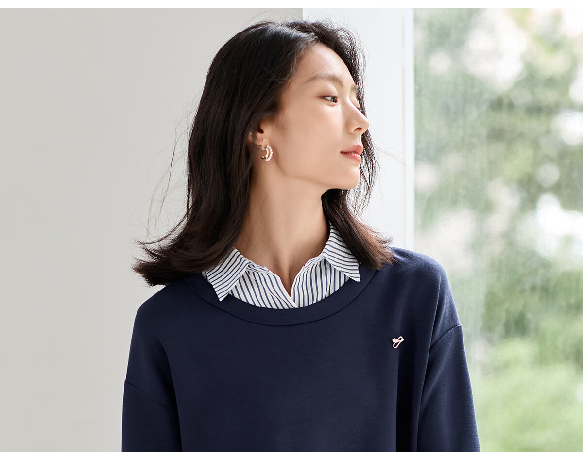Chushen Women's Patchwork Striped Shirt Collar, Fashionable Faux Two-Piece Design with Delicate Brooch Top S143W1012 12