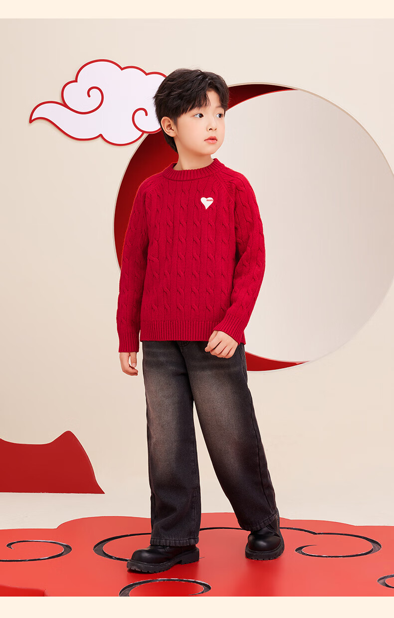 Zuoxi Boys' Red Sweater, Children's Thick Knit Pullover, 2025 New Style Boys' New Year Outfit, Winter Clothing, White, Size 140 15