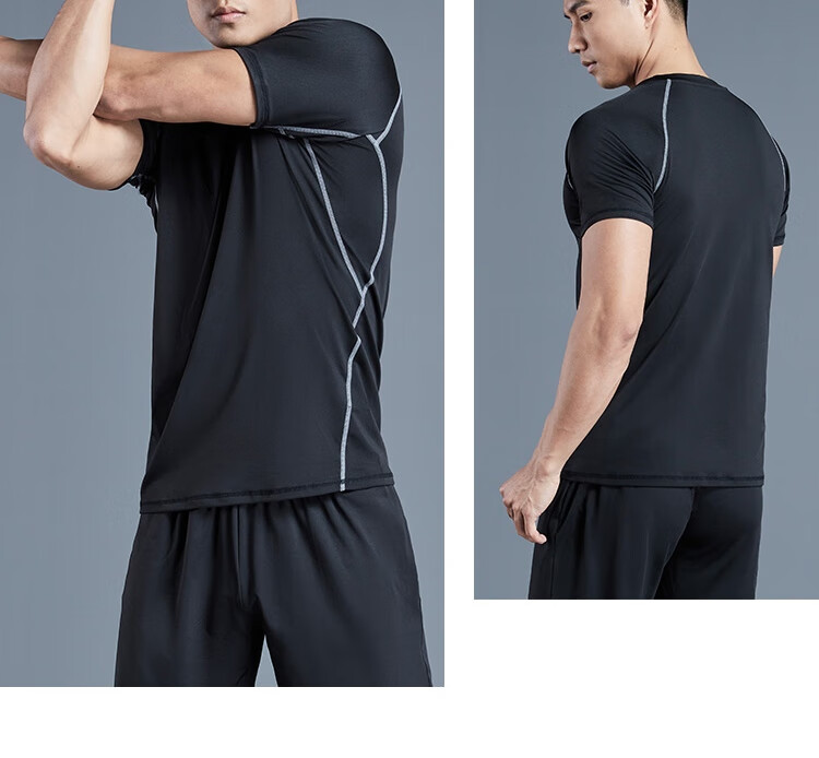 Fandimu Men's Sports Short-Sleeve T-Shirt, Fitness Tight-Fitting Quick-Dry Breathable Training Running Shirt, Black with Contrasting Lines, Size M 18