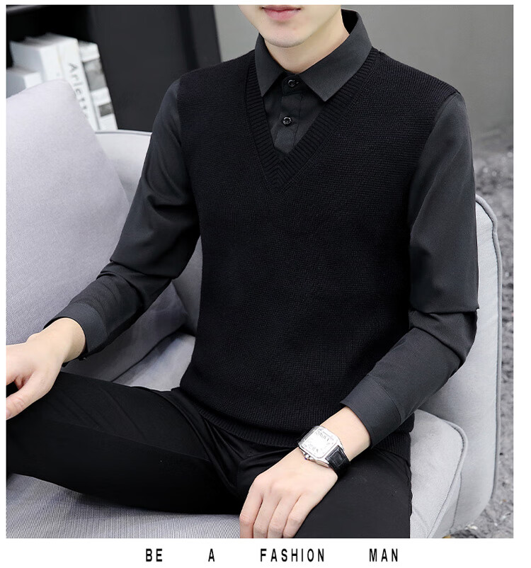 JEEP SPIRIT Men's Sweater Shirt Collar Autumn Winter Knitted Fake Two-Piece Casual Loose Trendy Jacket 7