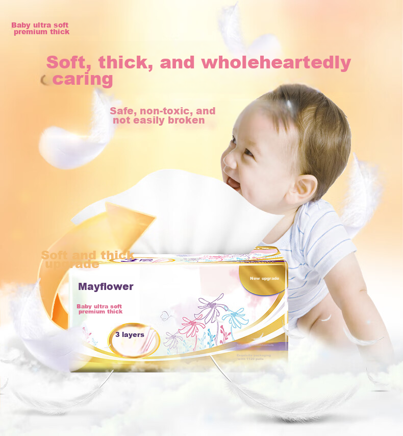 May Flower Facial Tissues, 3-Ply, 120 Sheets*20 Packs, Size S, Soft And Thick, Gentle on Skin, Whole Box Packaging 1