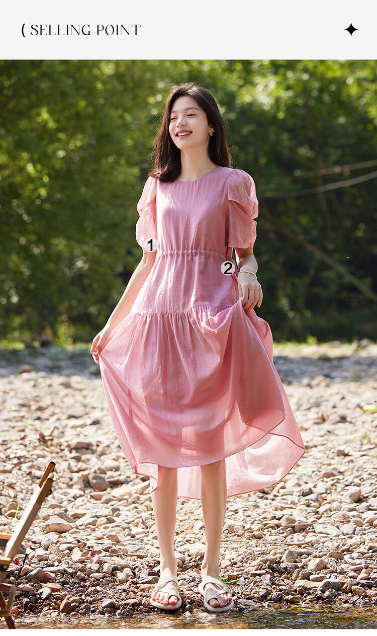 Dme Tencel Doll Dress, French Puff Sleeve, Flowing Tie-Waist Dress for Women, Sheer Pink, L 1