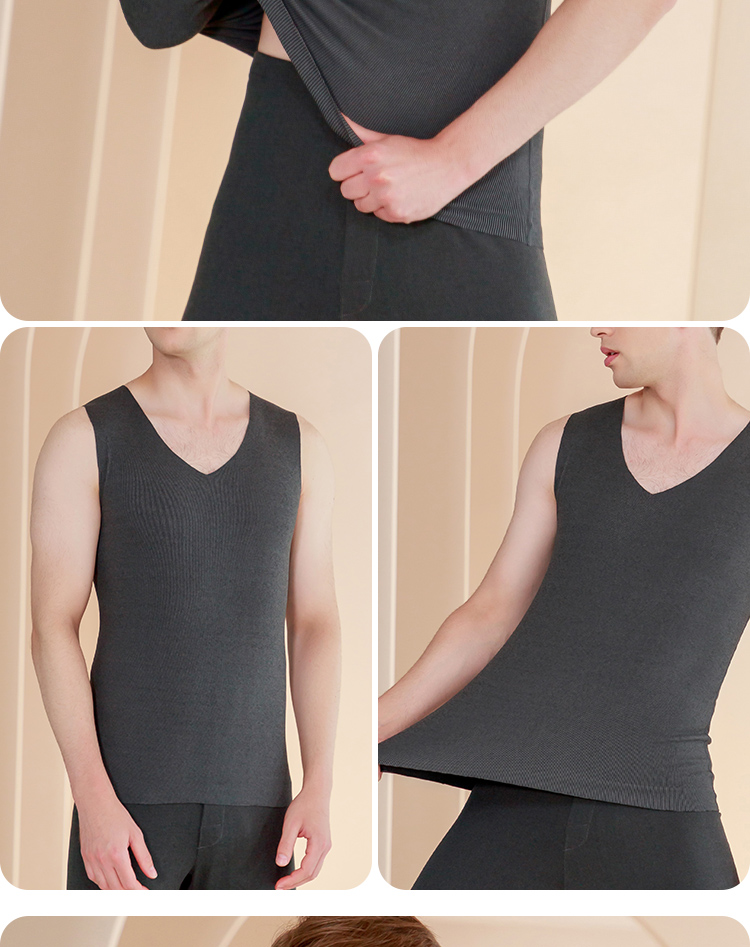 LangSha Men's Thermal Vest, Slim Fit Autumn Undershirt, Seamless Undershirt, Thin Warm Top, Wide Shoulder Sleeveless Vest, Black 17