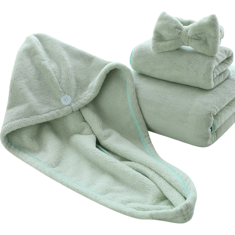 Grace Bath Towel, Cute Women's Home Use Adult Absorbent Wrap Towel, Quick-Drying Towel, Bath Towel, Hair Drying Cap, Hair Tie, Green Four-Piece Set