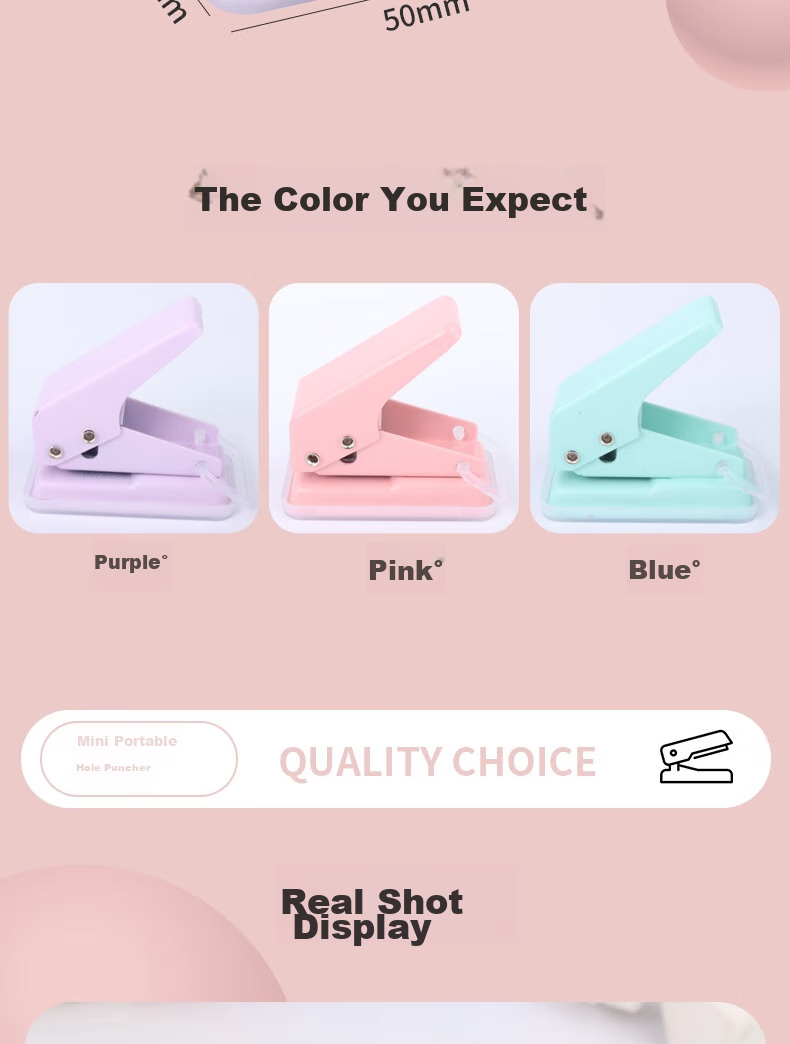 Touch Fish, Hole Puncher, Macaron Mini Single-Hole Circular Ring Dry Cute Student Stationery Office Loose-Leaf Puncher, Pink 9