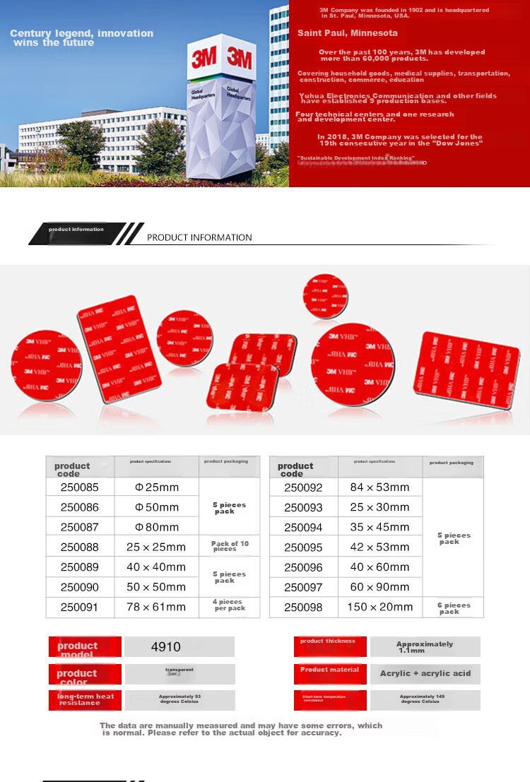 3M Double-Sided Tape VHB™ Strong Adhesive, Traceless, Heat-Resistant, for ETC Use, 4910 Transparent Strong Type, Diameter 80mm, 5 Pieces 1