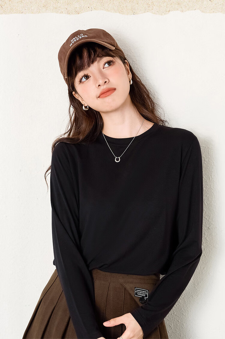 Woodpecker Women's Long Sleeve T-Shirt, Basic Spring and Autumn Loose Fit Pure Cotton Slim Fit Crew Neck Top, Black, Size S 8