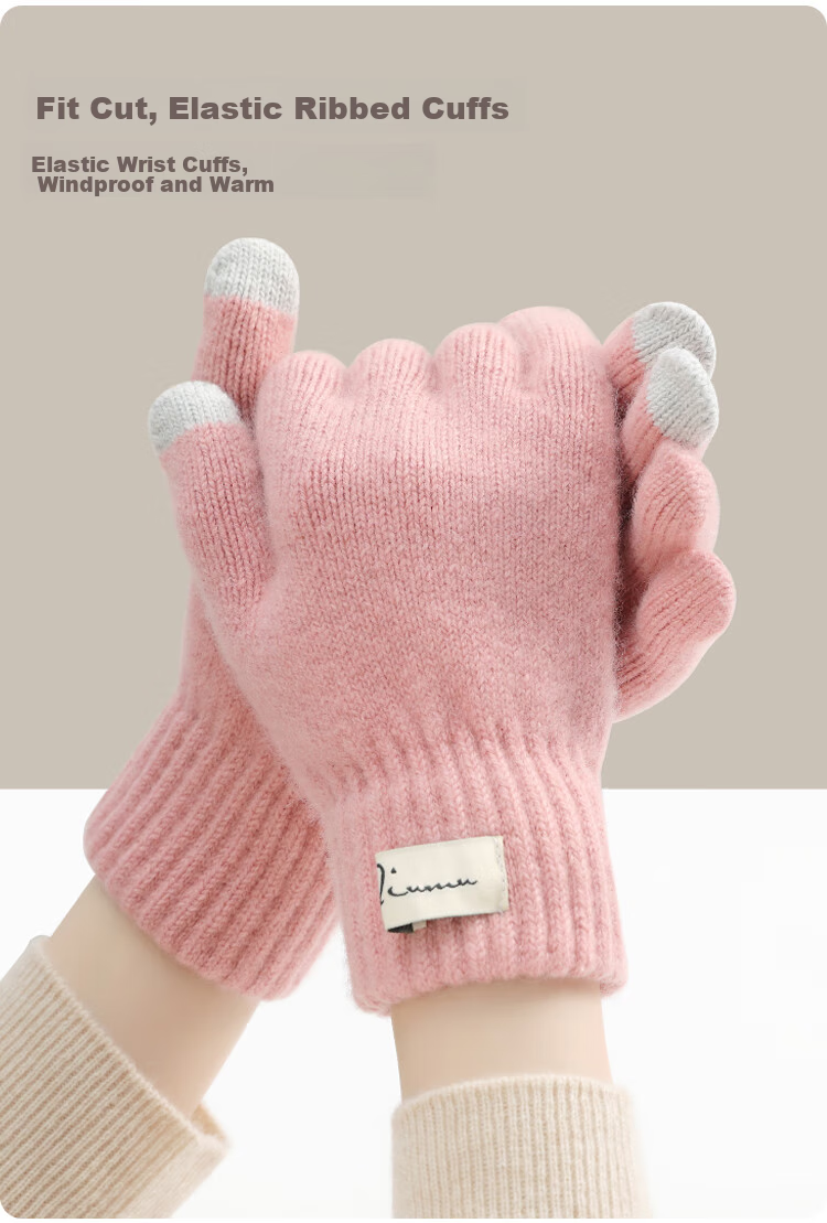 JIUMU Wool Thermal Gloves for Women, Winter Thickened Cold-Proof, Suitable for Cycling And Driving, Touchscreen Compatible Knitted Wool Gloves 3
