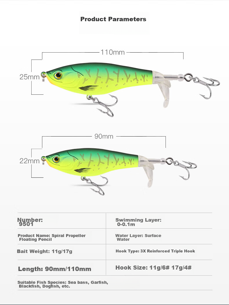 Guowangliya Water Surface Tractor Floating Pencil Lure Artificial Bait for Freshwater Bass And Snakehead Fish Bionic Imitation Bait, 11g/X01 Color 3