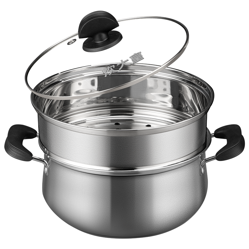 COOKER KING 304 Stainless Steel Soup Pot + Steamer, Double-Handled Pot for Stewing, Steaming, Cooking Porridge And Noodles, 22cm, Compatible with Induction Cookers