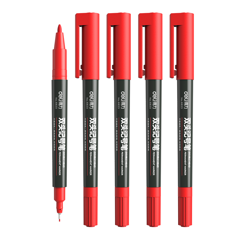 Deli 0.5mm/1.2mm Double-Ended Marker Pen Signing Pen Conference Pen Children's Student Marker Outline Pen, 12 Pcs/box, Red, 6823