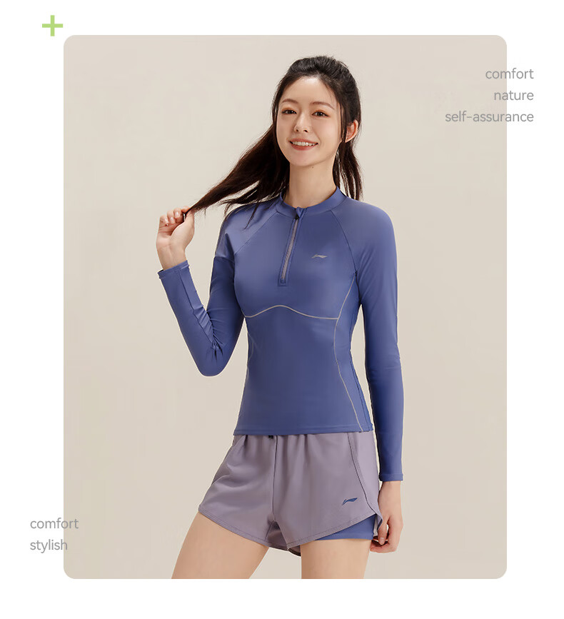 Li-Ning Hot Spring Swimming Suit for Women, Long-Sleeve Sun Protection Professional Swimsuit, Two-Piece Beach Diving Surfing Suit, 0022 Black XL 7