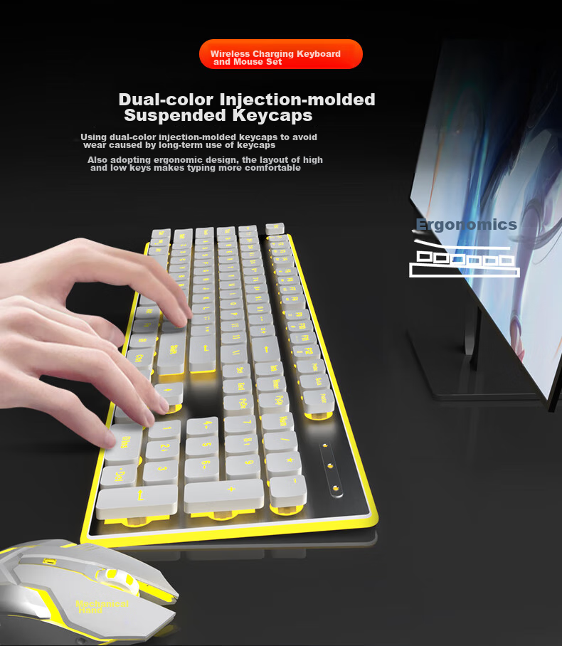 EWEADN X7S Wireless Keyboard And Mouse Combo, 108-Key Office Keyboard, Low-Profile Keyboard for Office, E-Sports Gaming, Universal for Desktop And Laptop Computers, Rechargeable Keyboard, White with Yellow Light 4