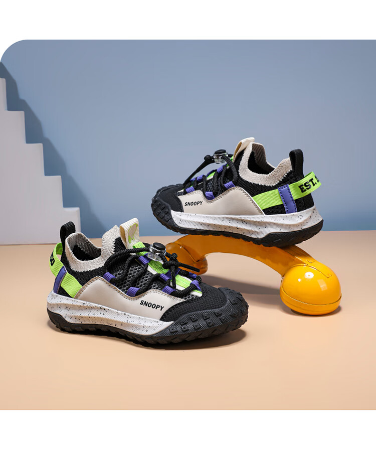 SNOOPY Children's Sports Shoes, Kids' Sneakers with Mesh Upper, Durable Outdoor Shoes, Breathable Casual Shoes for Boys And Girls, 0210 Black And Green, Size 33 18