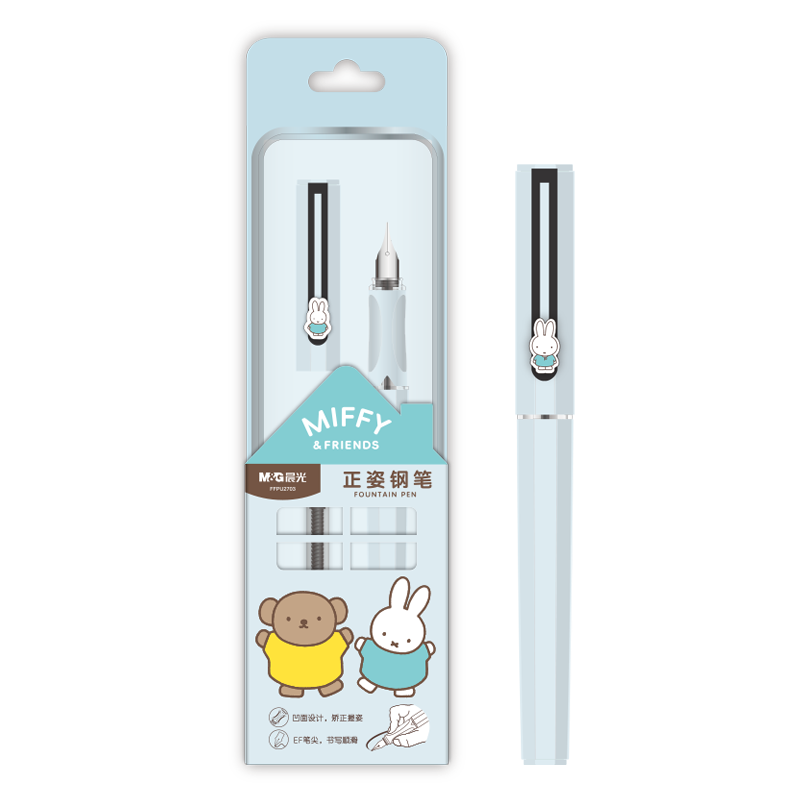 M&G Stationery Miffy Posture Correction Fountain Pen Set (Fountain Pen*1 + Ink Absorber*1), EF Nib 3.4mm Diameter with Replaceable Cartridges, Back-To Writing FFPU2703 Blue