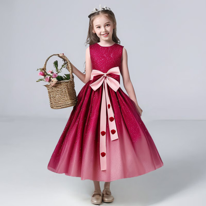 LUOBOBEIBEI Girls' Princess Dress, Summer Cute Formal Dress, Girl's Hostage Walk Show Performance Costume, Red, Size 110