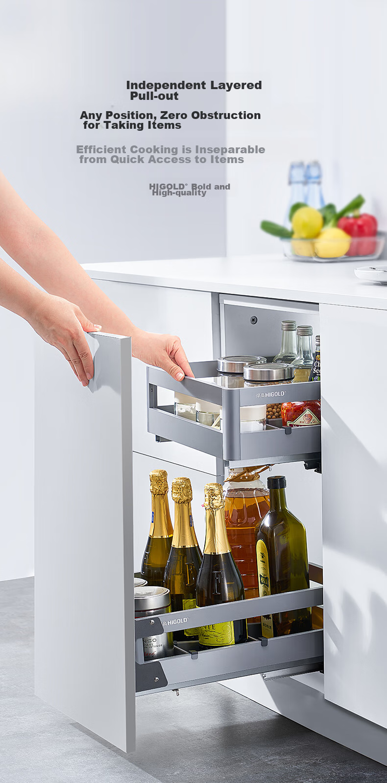 HIGOLD Kitchen Double-Layer Cabinet, Spice Drawer-Style, 304 Stainless Steel Bowl Basket, Seasoning Basket, Dish Rack Storage Cabinet 3