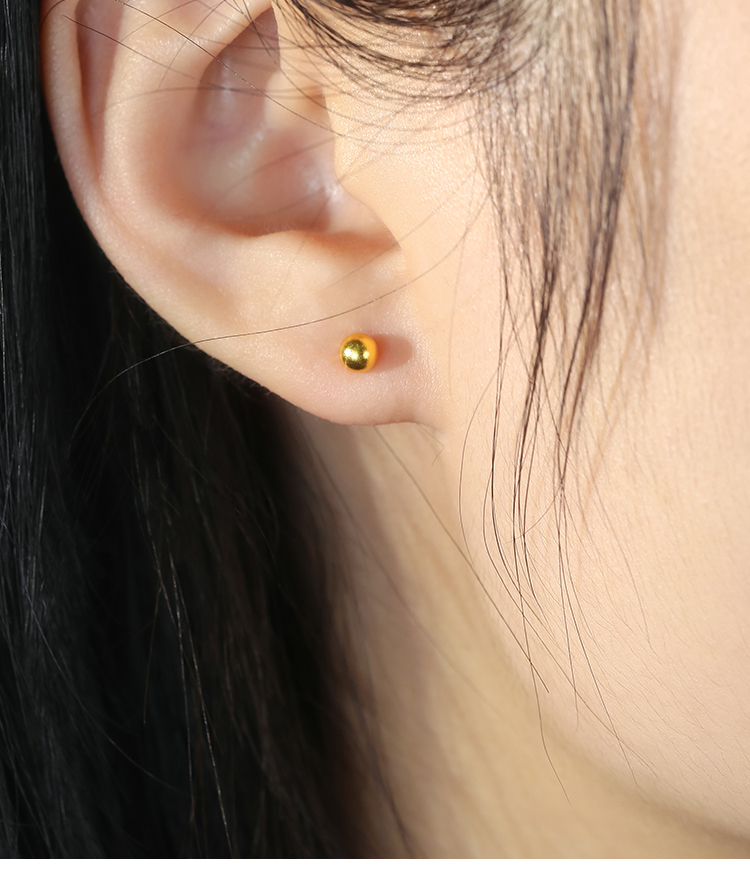 老凤凰黄金耳钉女 足金光面豆豆圆珠小耳钉古法金珠耳环养耳棒送女友