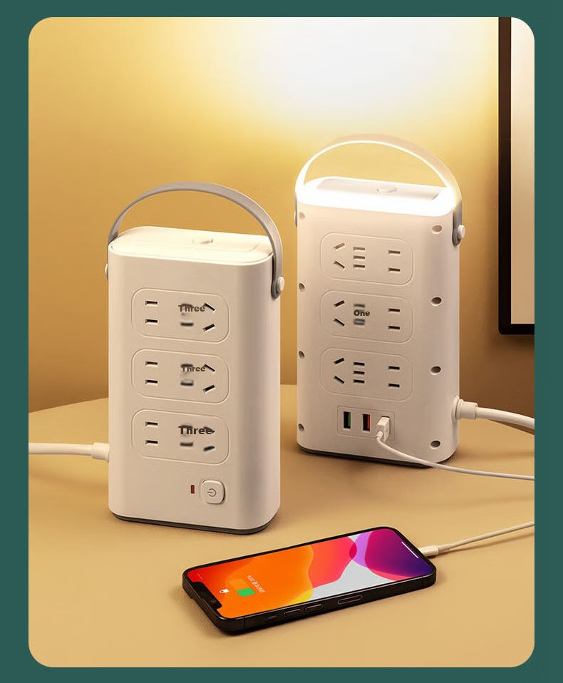 Aleleke Portable Standing Three-Tier Power Strip, 12 Outlets with Master Switch, 3 USB Ports for Charging, Night Light with Three Color Temperatures, Overload Protection, Extension Cord, 1.6m to 2m 25