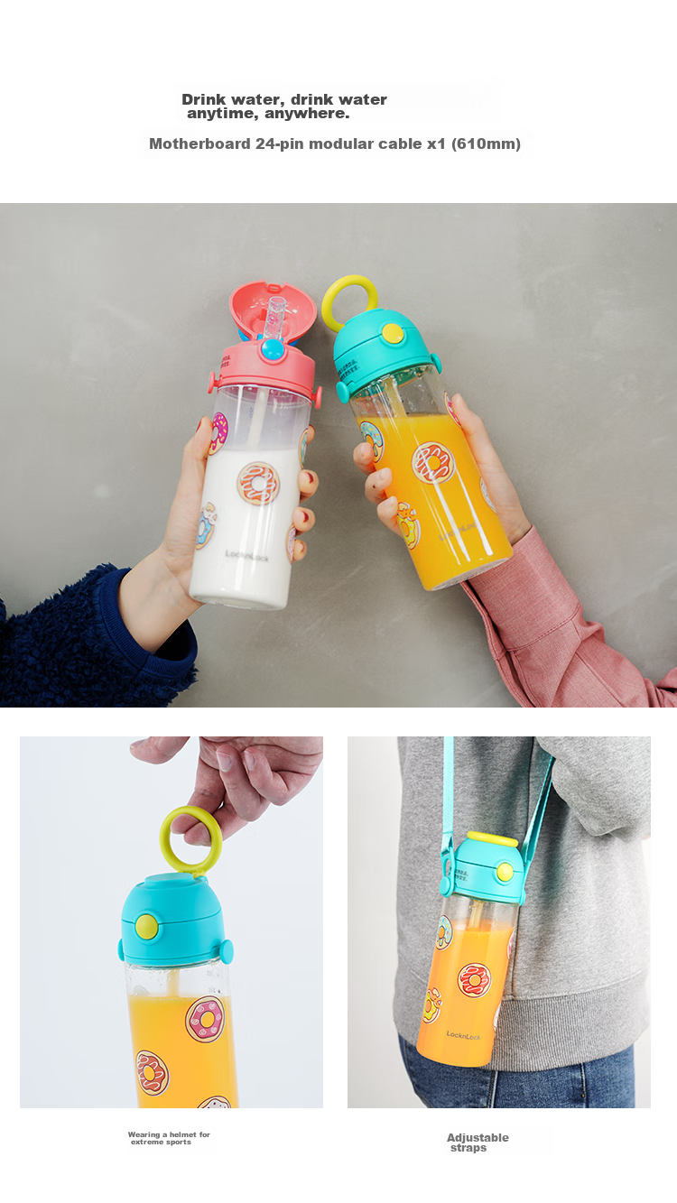 LOCK&LOCK Children's Straw Cup, Donut Water Bottle, Student Outdoor Handle Strap, Tritan Material Cup, 460ml, Pink 11