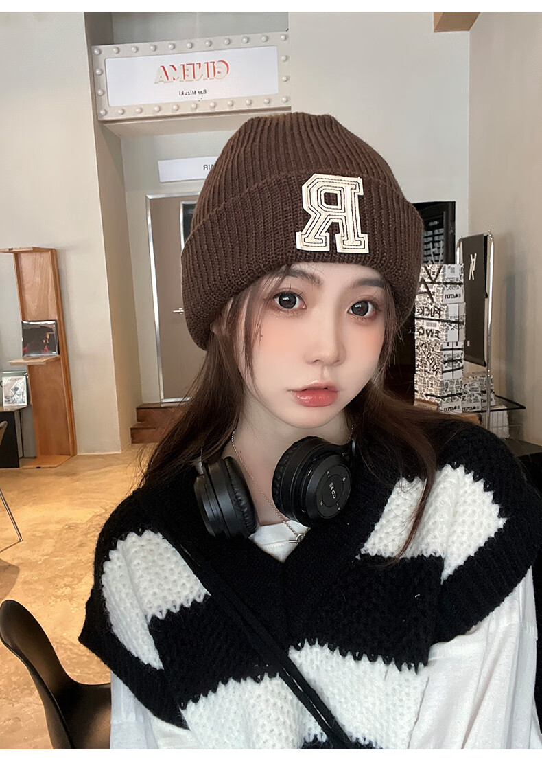 Xueqiman Women's Hat Versatile Korean Style Ins Knitted Hat Autumn Winter Letter Warm Solid Color Woolen Hat Black One Size 9