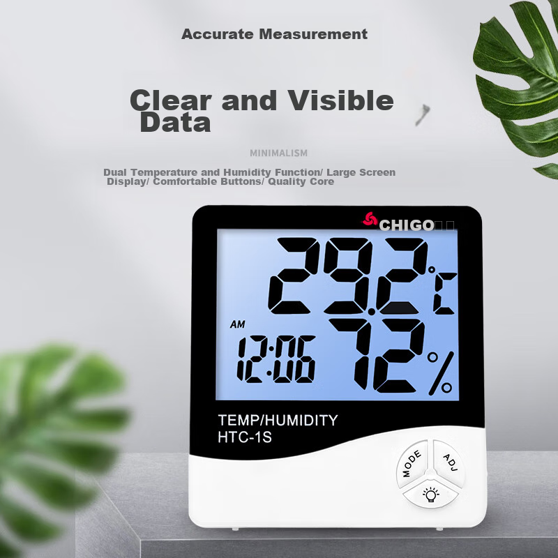 CHIGO Indoor Thermometer, Home Temperature And Humidity Meter, High-Precision Electronic Room Thermometer Clock, Dry And Wet Temperature Gauge HTC-1S