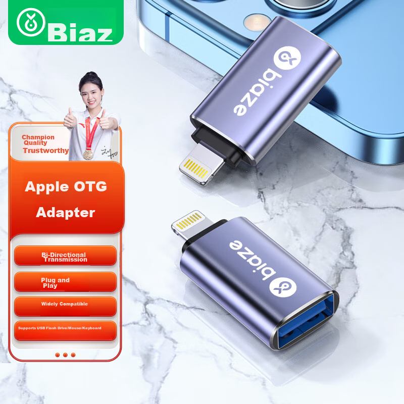 BIAZE Apple OTG Adapter, Lightning to USB Female Converter, IPad Mini IPad Accessory, Aluminum Alloy, Blue
