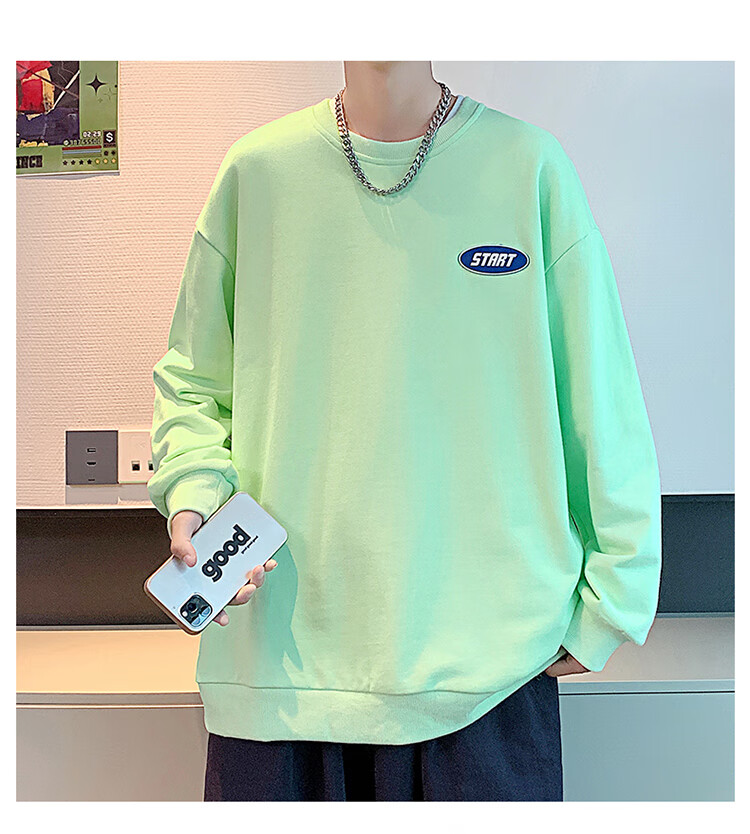 Homlean American Retro Crew Neck Sweatshirt for Men, Autumn Long-Sleeve Pullover Top, Versatile Casual Simple HM03 Fluorescent Green 3XL 12