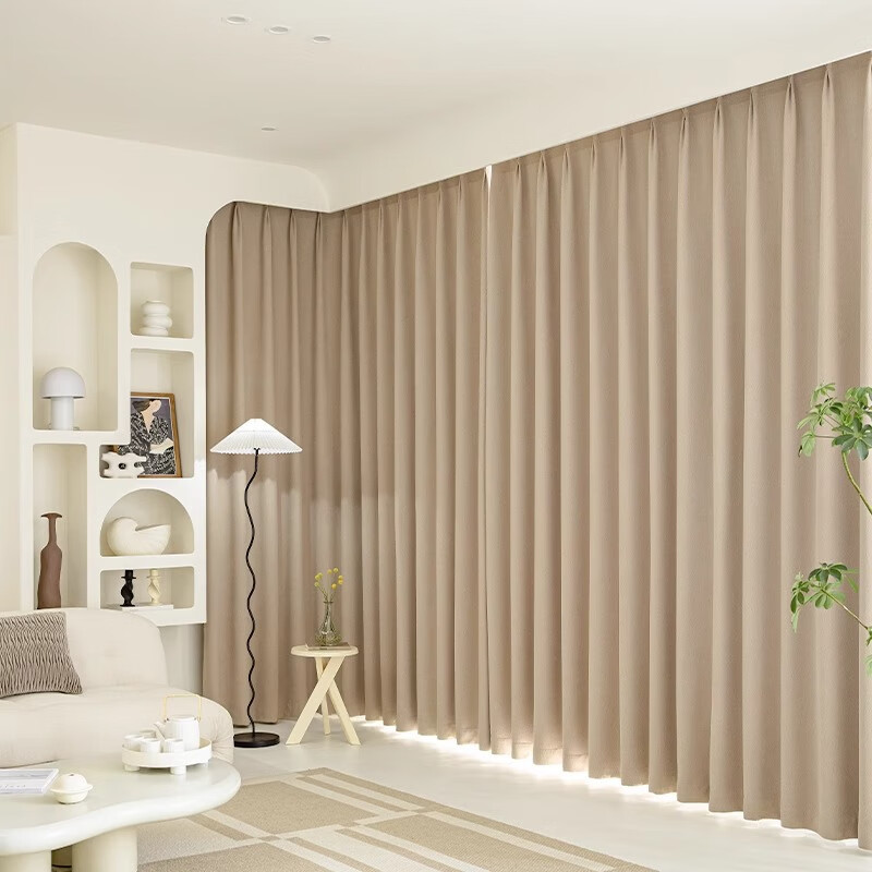 Mihua High Light-Blocking Curtains, Complete Set for Living Room, Thickened Sun Protection, Hooked Velvet Fabric, Cheese Cashmere Color, 1.8m Wide * 2.4m High