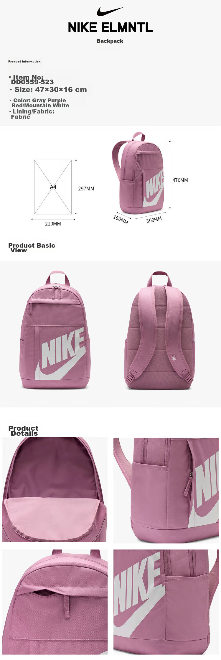 NIKE Unisex Backpack, Travel Bag, School Bag, Casual Bag DD0559-523 Pink, One Size Fits All 1