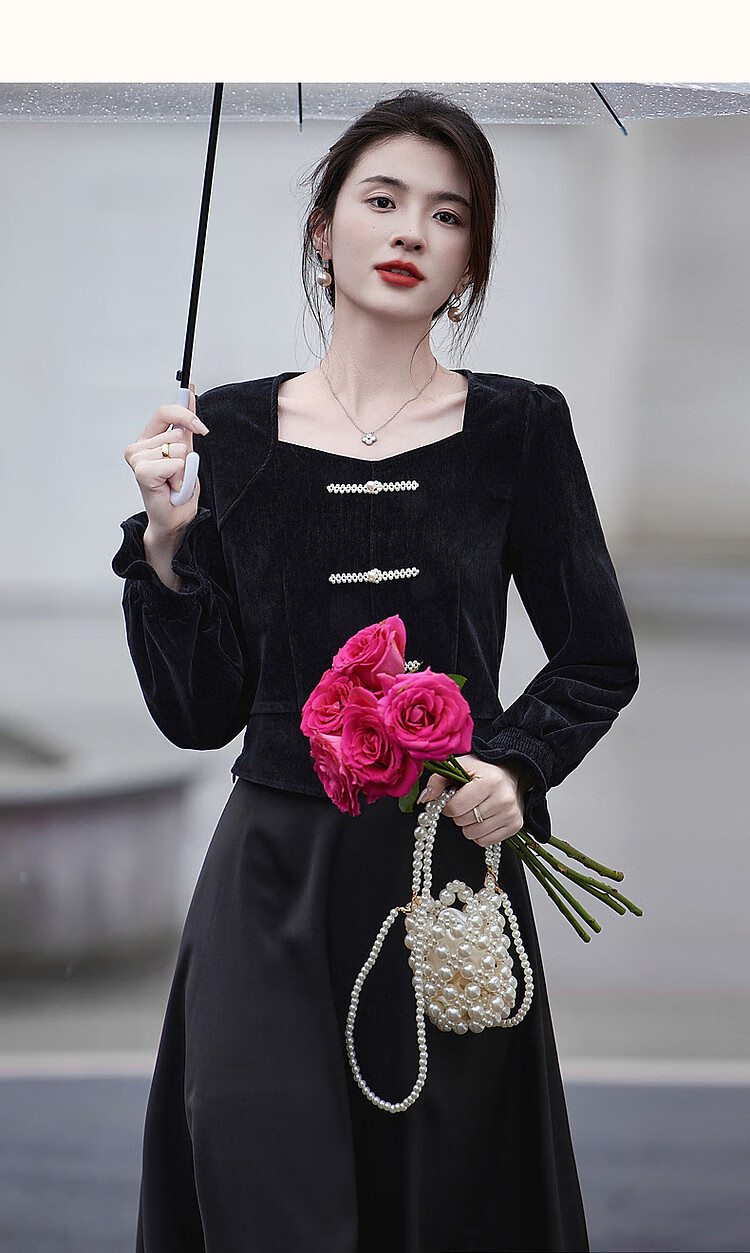 Dme [Xuoxing Wan Yue] Spring And Autumn Style New Chinese-Style Square Collar Shirt with Pearl Buttons, Velvet Blouse Women's Top 12
