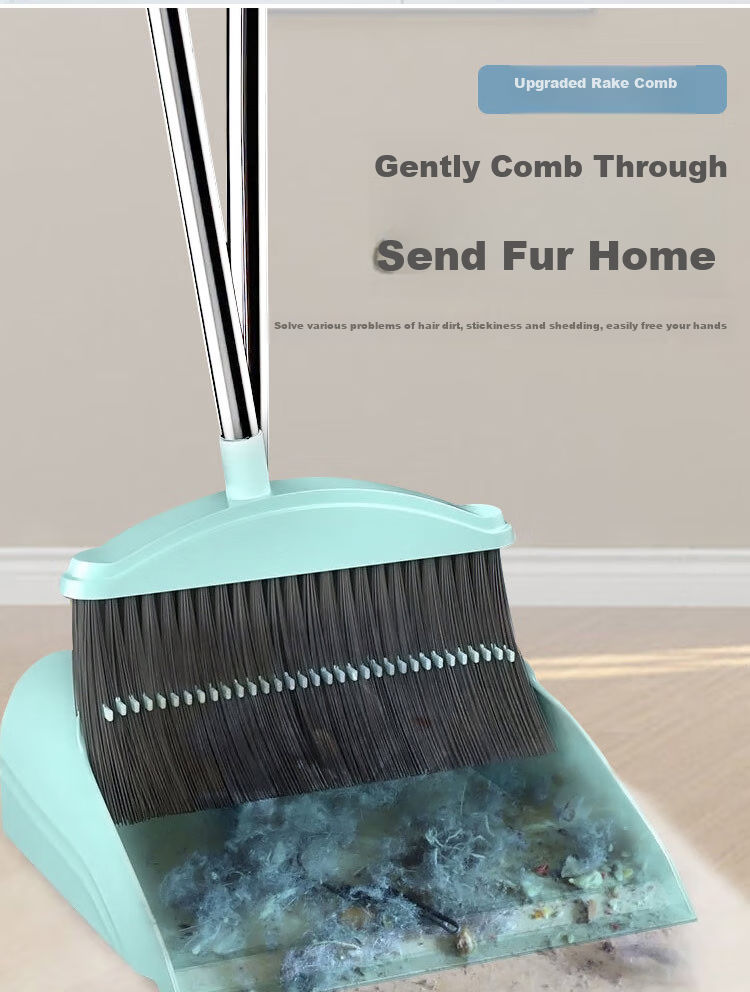 MENGTING Comb-Toothed Windproof Broom And Dustpan Set, Stainless Steel Handle Broom And Dustpan Combo Two-Piece Set, Gree 4