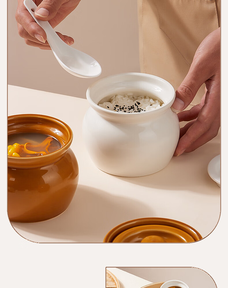BJ Ceramic Pot with Spoon, Small Clay Jar, Ceramic Bowl, Lard Pot, Double Boiler for Bird's Nest, Soup Steamer with Lid, Egg Steamer, White, 400ml 4