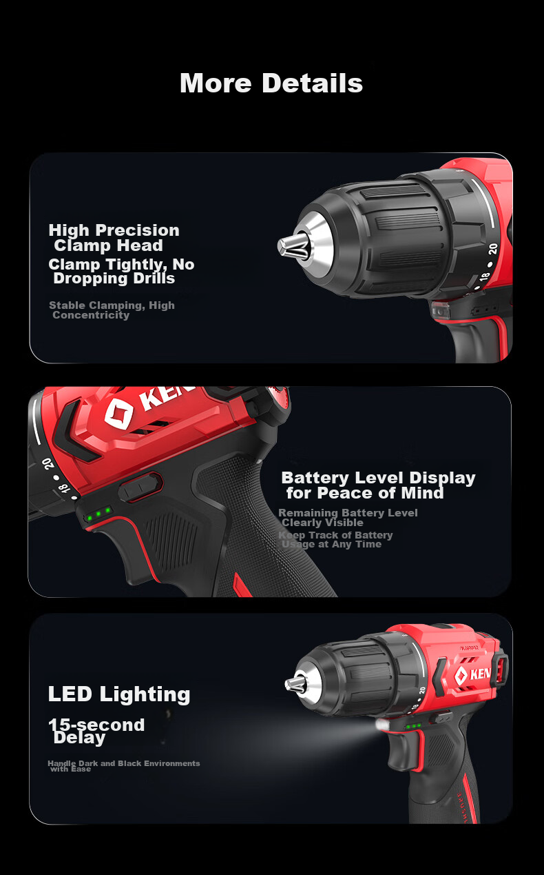 KEN Lithium Battery Drill, Brushless Electric Drill, Rechargeable Drill, Household 12V Screwdriver, BL7312 Bare Tool, Electric Power Tool, Screwdriver Machine 12