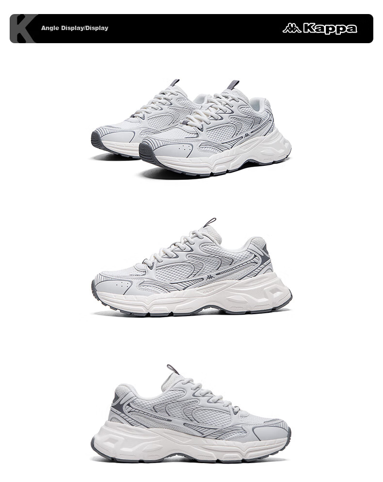 Kappa Hydrogen Track Dad Sneakers, Women's Shoes, Autumn Breathable Height-Increasing Casual Versatile White Shoes, Shark Gray, Size 37 15