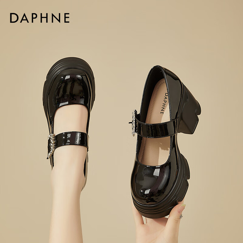 DAPHNE Chunky High Heels, Women's Elegant Versatile Velcro Mary Jane Shoes, Women's Leather Shoes, Black, Size 40