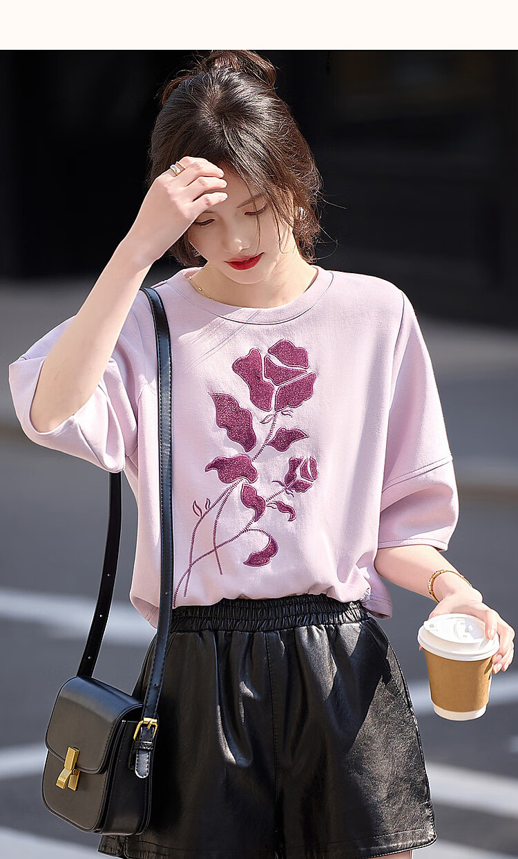 Dme Floral Embroidered Spring And Autumn Round Neck Air Layer Three-Quarter Sleeve Elastic Loose Sweatshirt Women's Top, Cyan Green, L 21