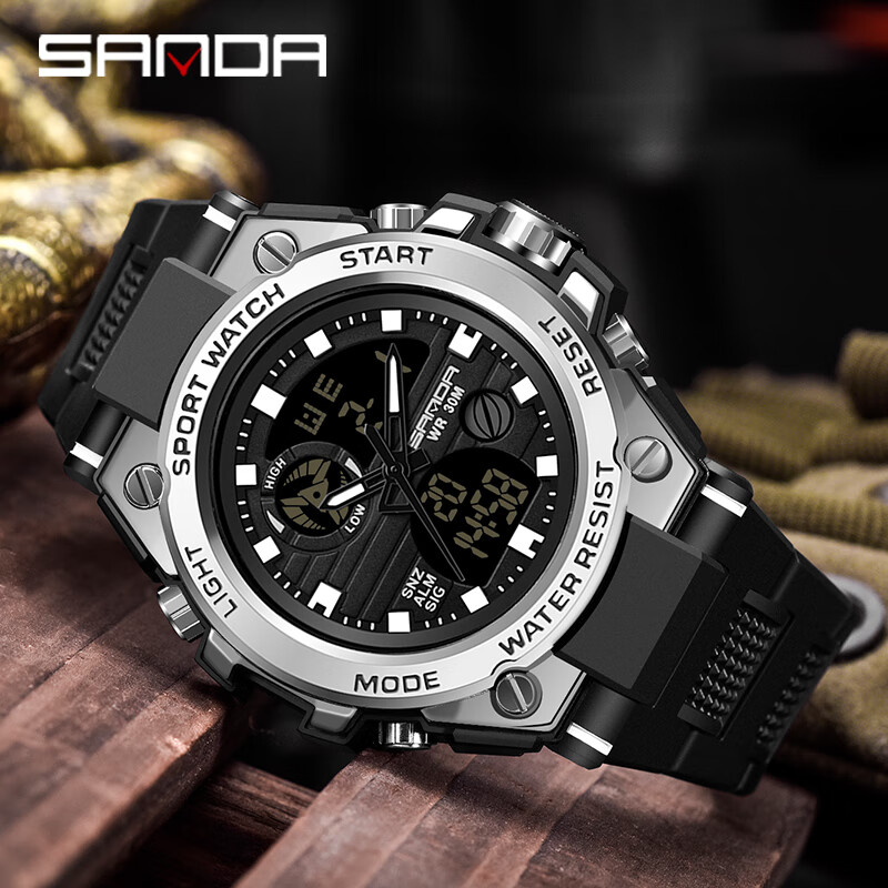 Мужские часы SANDA 739 Black Silver, спортивные электронные часы с будильником, водонепроницаемые до 30м, двойной дисплей