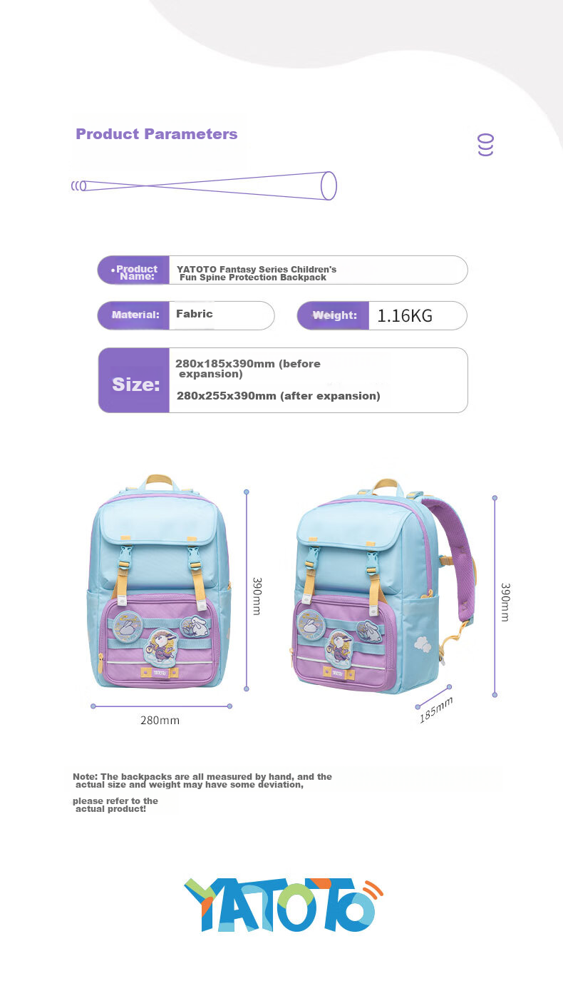 Yatoto Children's Backpack, Primary School Student Spine Protection And Load Reduction Backpack, Grades 1-3 Double Shoulder Bag Gift for Girls, Purple Cloud Fairy Rabbit 18