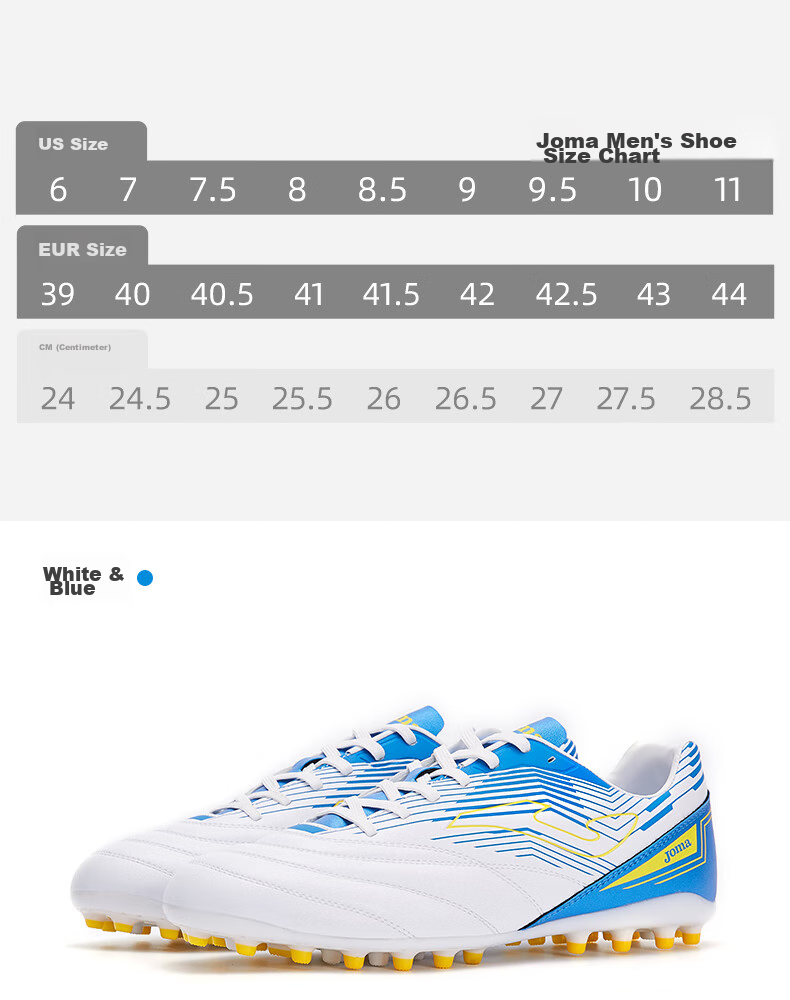 JOMA Adult Soccer Shoes for Men And Youth Students, MG Short Studs Breathable Professional Football Training Shoes, White And Blue, Size 39 11