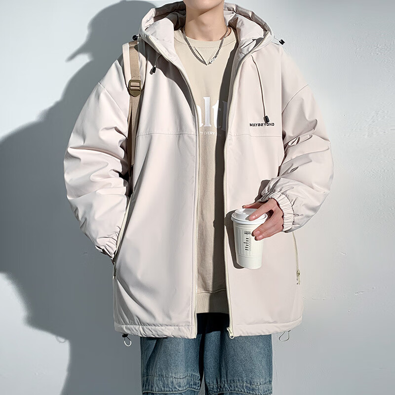 Dingfengbaoluo Men's American Style Cotton Jacket Autumn Winter Casual Thickened Windproof Hooded Warm Cotton Coat DFM18 Light Khaki XL