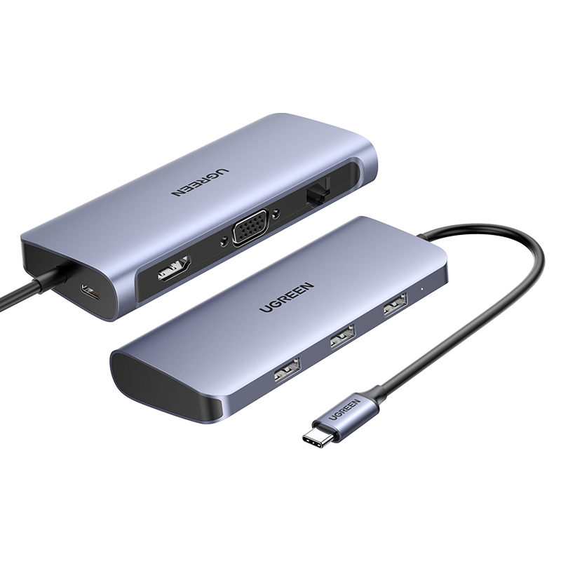 UGREEN Type-C Expansion Dock, USB-C to HDMI/VGA Converter, PD Fast Charging, Network Cable Adapter, 3.0 Hub, Compatible with Apple 16/17 MacBook, Huawei Laptops, IPad