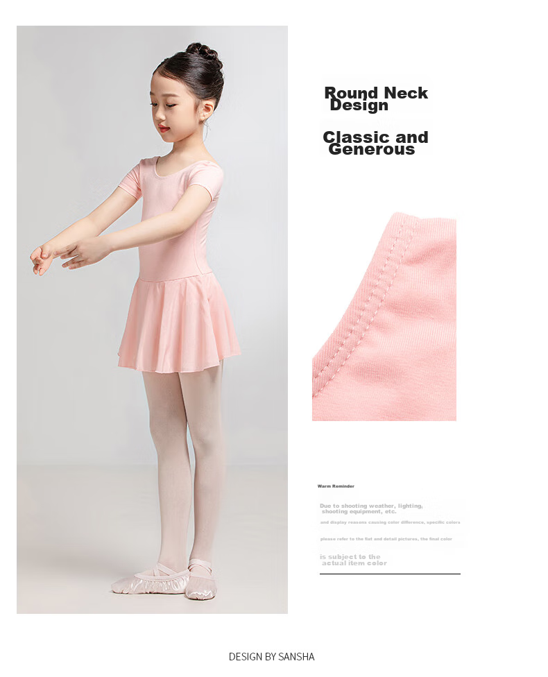 Sansha Ballet Leotard with Skirt for Children, Girls' Short-Sleeve Dance Practice Outfit, Dance Exam Costume Y3554 Pink S 6