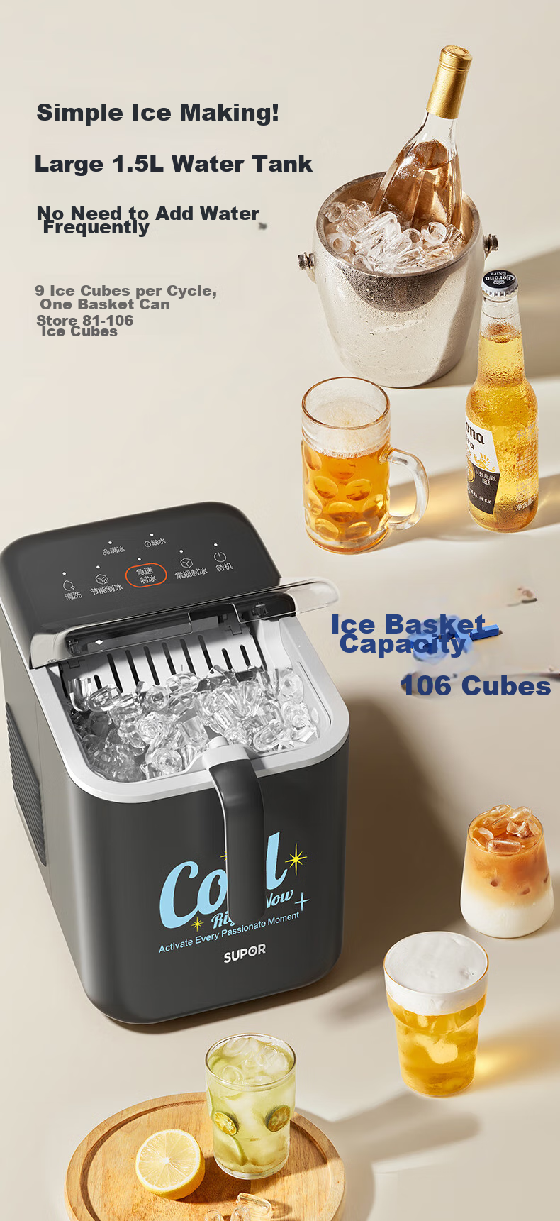 SUPOR Ice Maker for Home, Compact Cube Machine, Mini Office Dorm Three Ice Making Modes, Bullet Ice, Rapid Ice Production, Self-Cleaning SW-ZB12T001 15